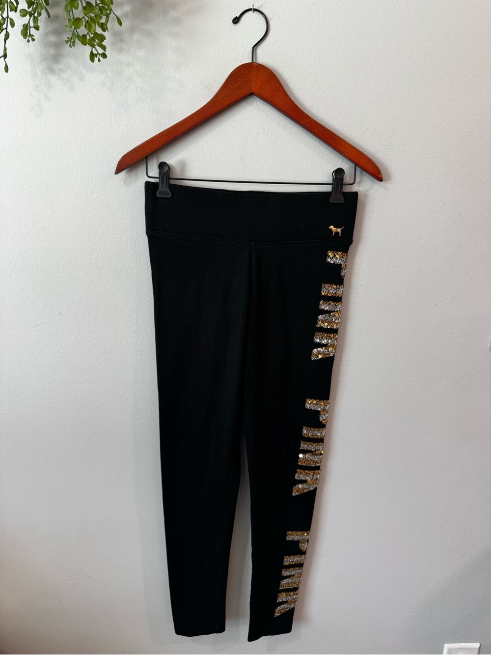 PINK Victoria's Secret Black Leggings with Gold Sequin Logo